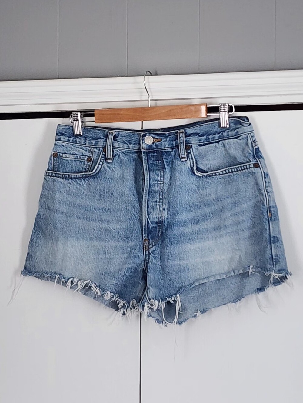 Re/Done Light Blue Frayed Hem Denim Shorts